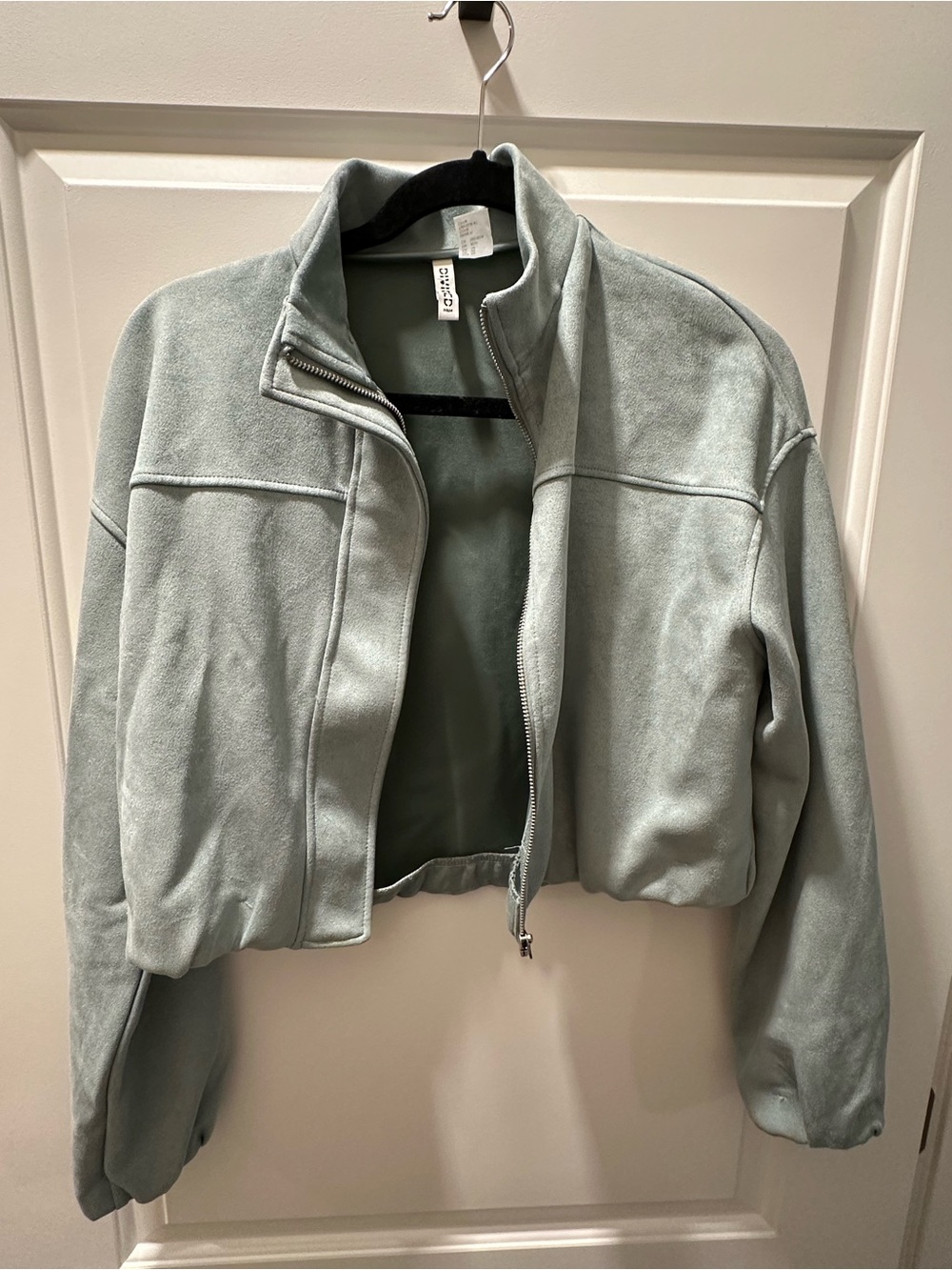 H&M Cropped Faux Suede Jacket in Sage Green